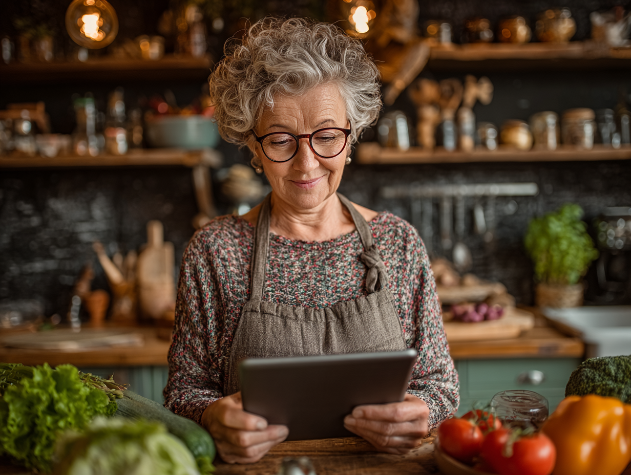 Cuplu de seniori pregătind împreună o masă sănătoasă
